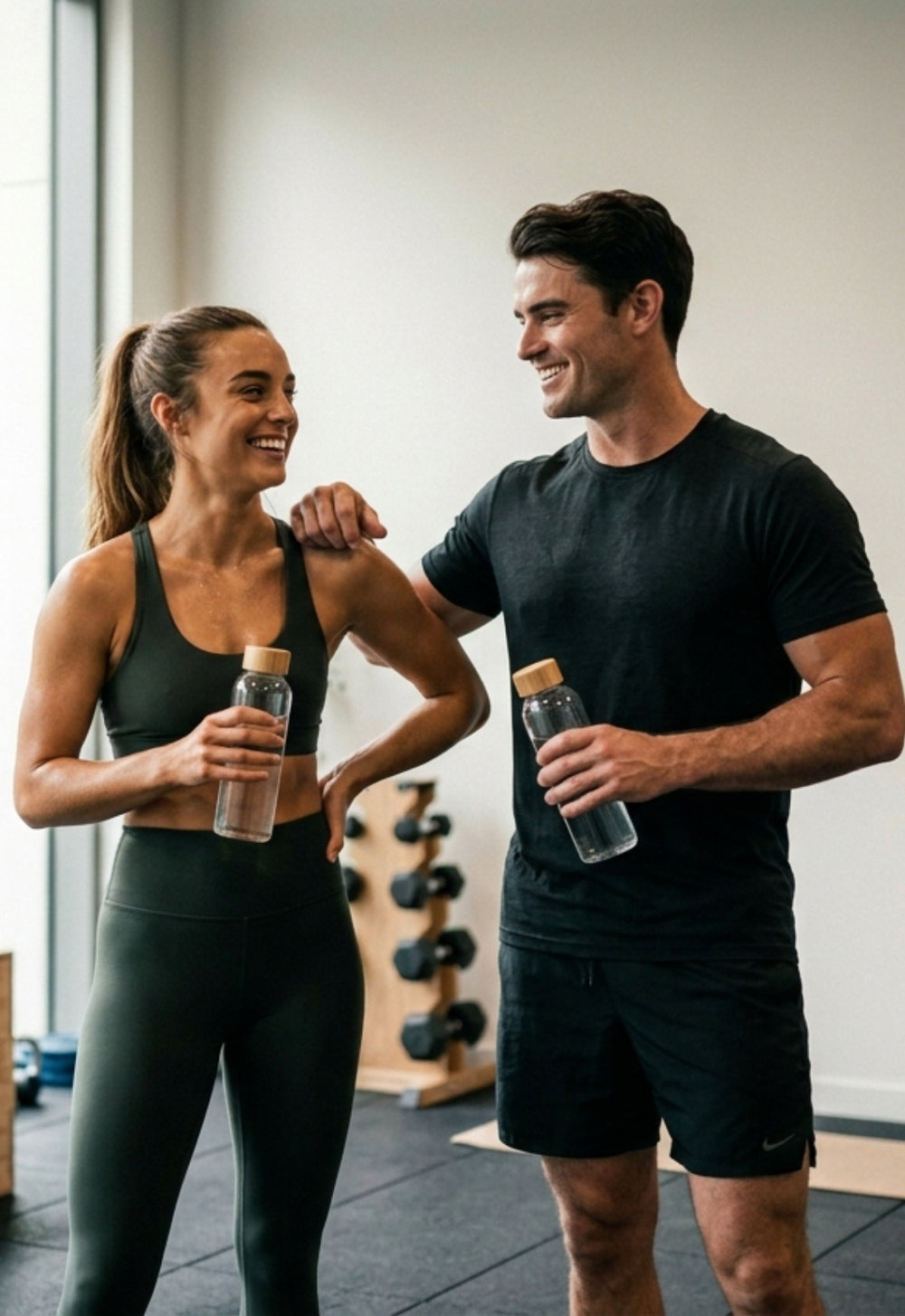 Two people in a gym setting, holding water bottles and smiling.