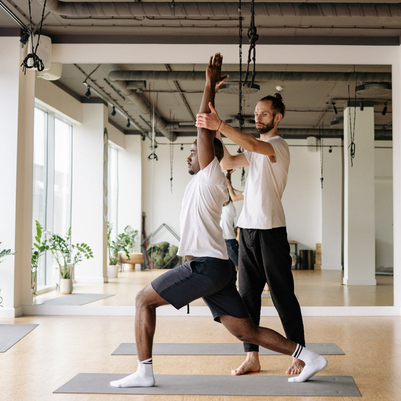 Two men practicing yoga in a studio with large windows and plants.